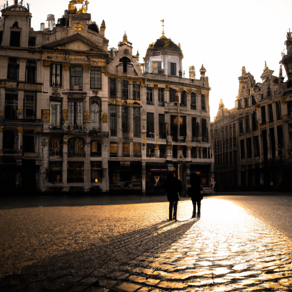 Grand-Place bij zonsopgang met rustige wandelaar en minimalistische compositie